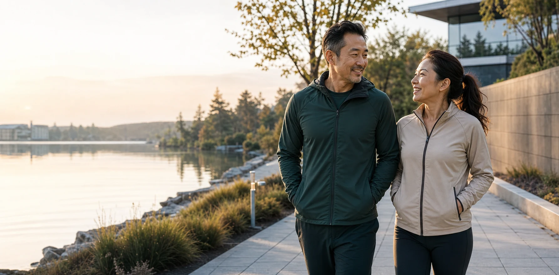 A couple taking a healthy morning walk beside a lake